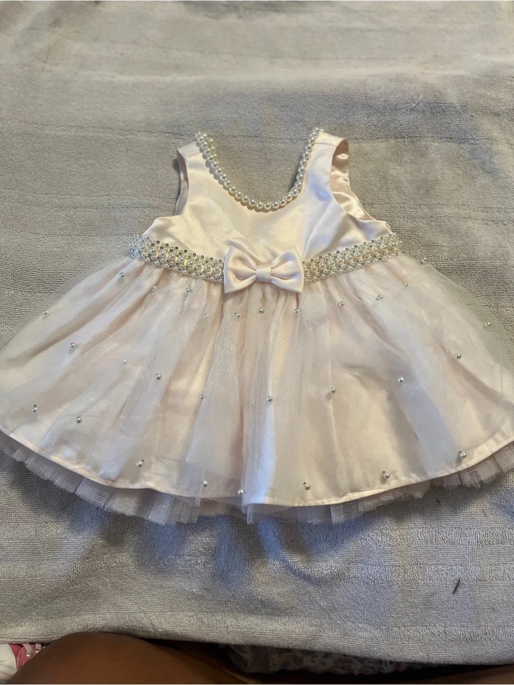 Girls' Pink Pearl-Trim Formal Dress with Bow